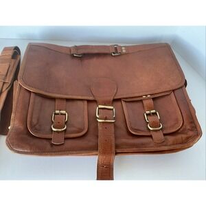 YKK  Leather Messenger Bag Brown Satchel Briefcase Buckle Flap Vintage